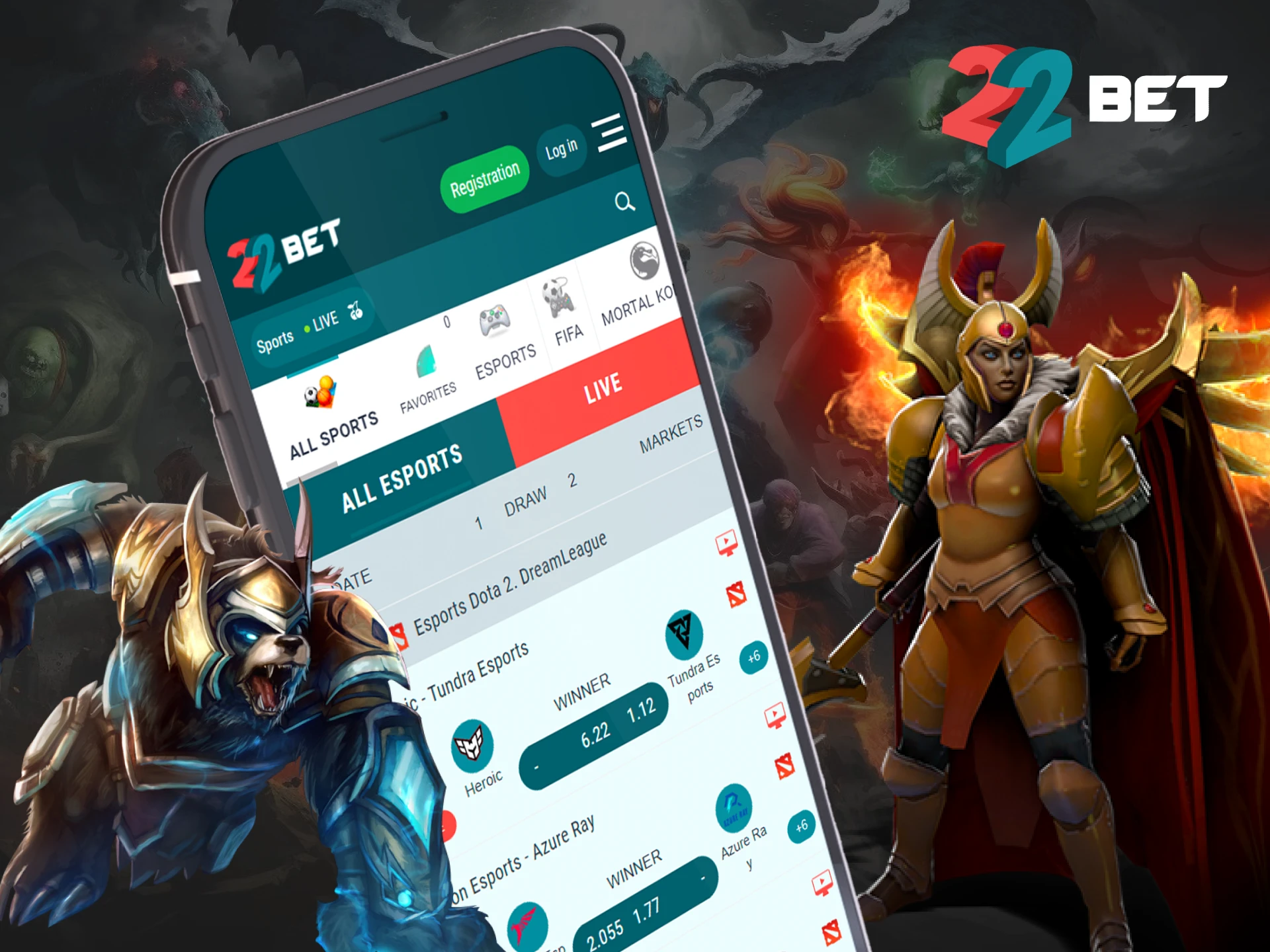 Place your bets on eSports in the 22Bet mobile app.