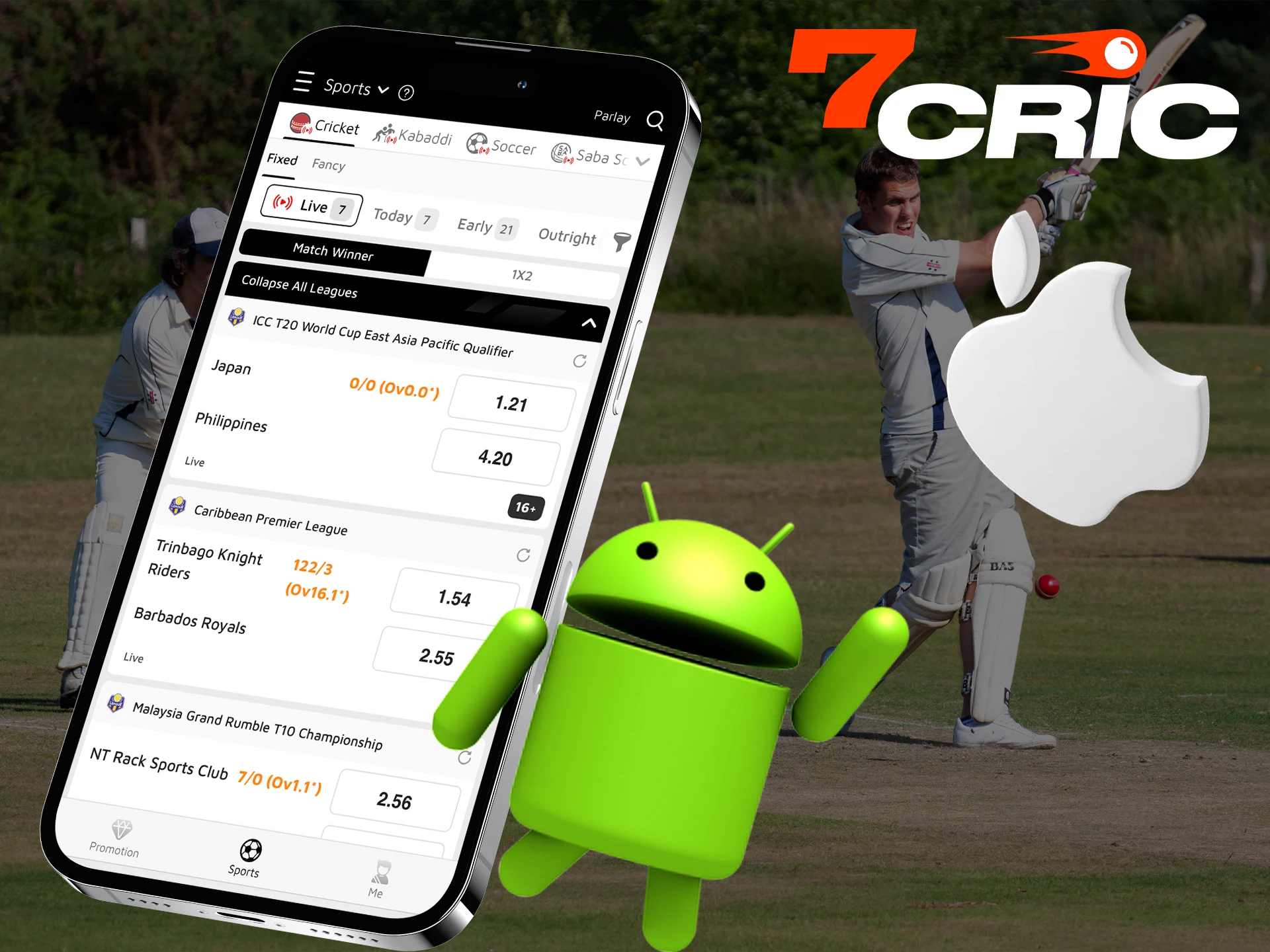 Place bets on your favorite cricket teams on the 7Cric app.