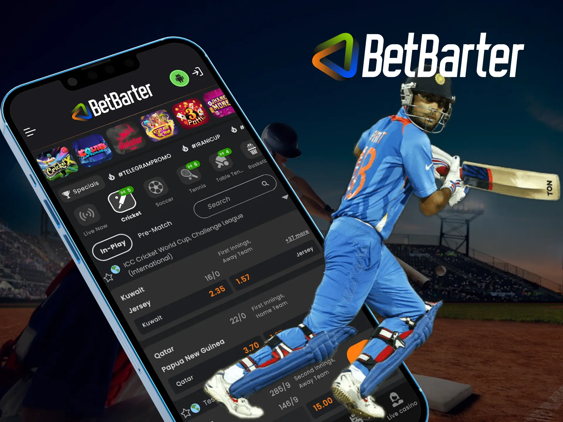 Where can I find the cricket betting section at Betbarter online casino.