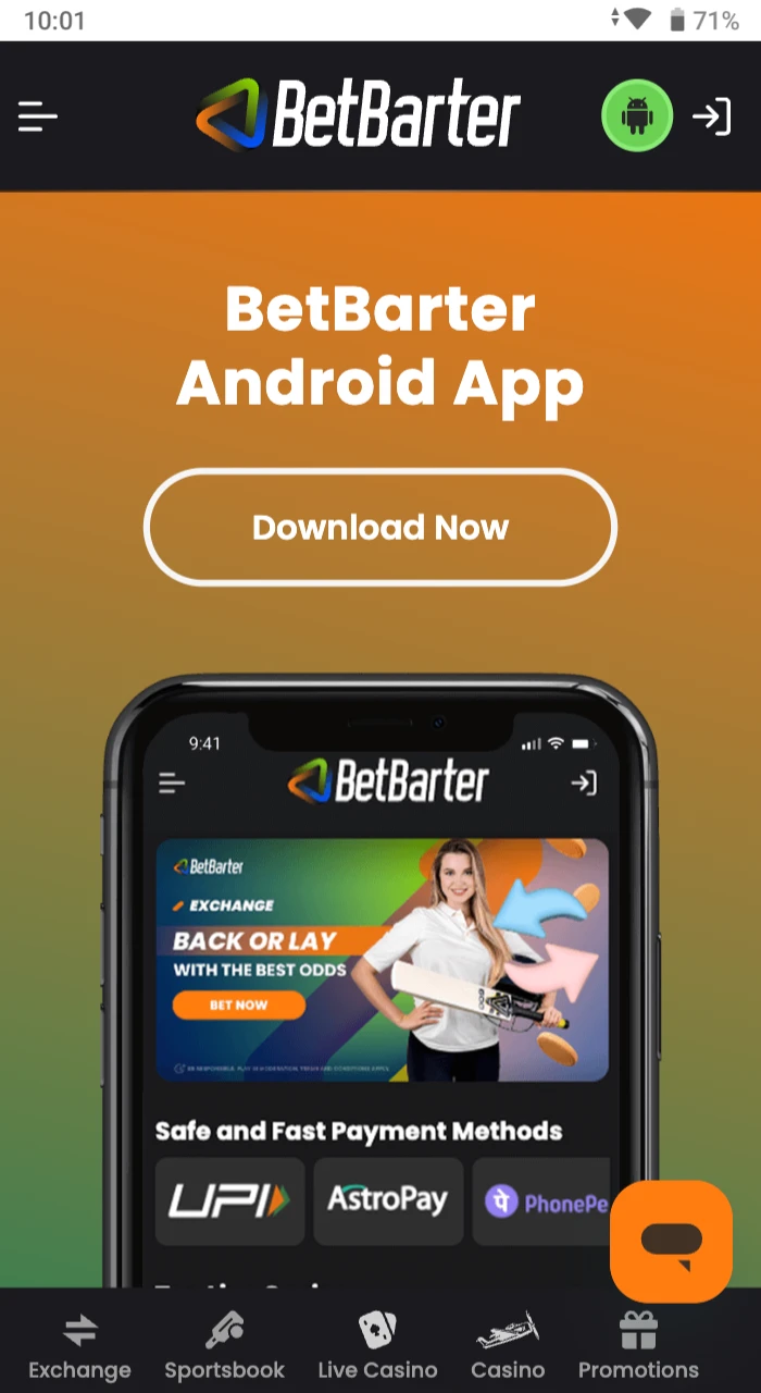 On the Betbarter online casino website there is a link to install the application on your Android phone.