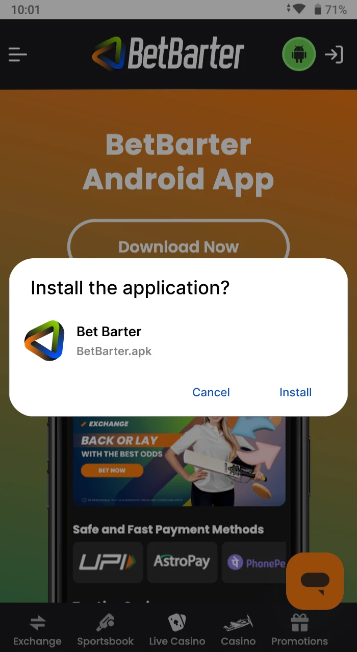 After installing the Betbarter online casino application, it will appear on your Android phone.