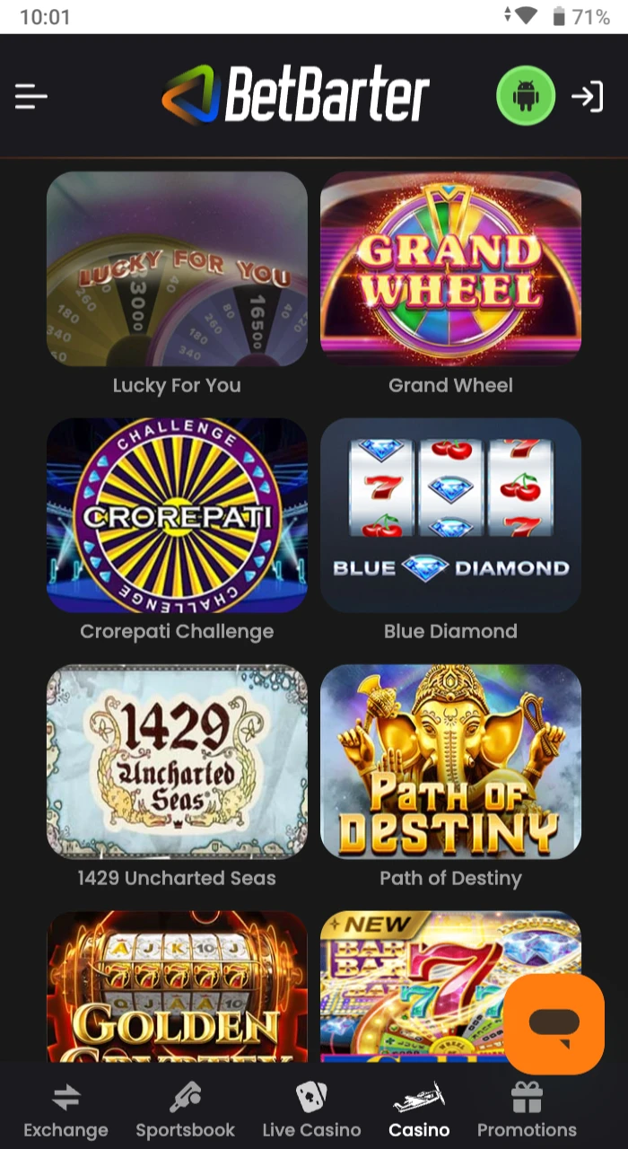 Casino games section for players in Betbarter online casinos.