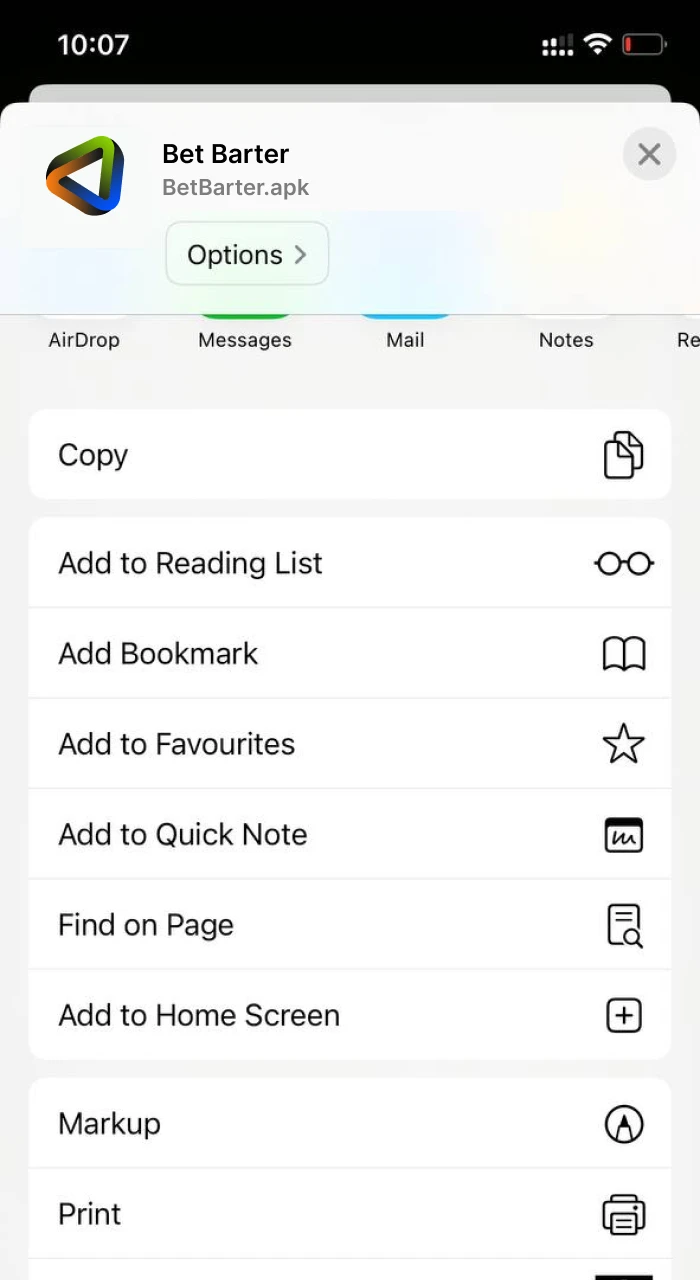 You can download the Betbarter online casino application for iOS by clicking on the share button.