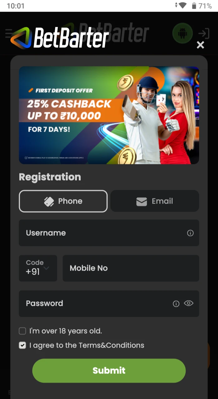 Creating a new account at Betbarter online casino.