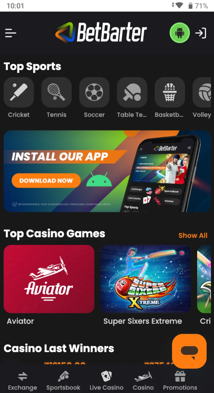 Home page of the official website of the online casino Betbarter.