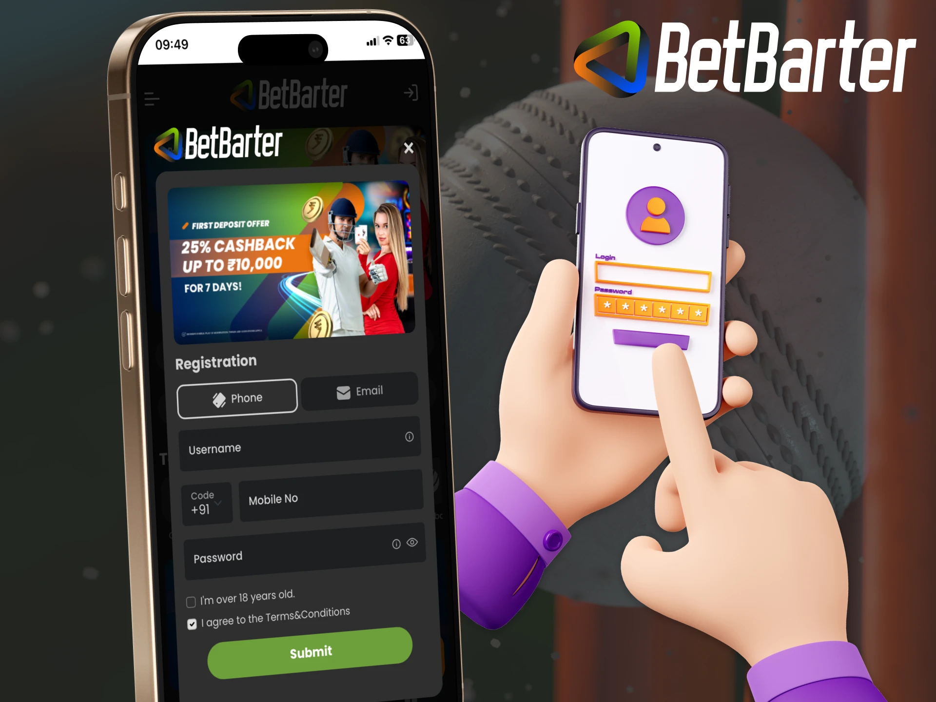 Complete the Betbarter registration on your mobile device.