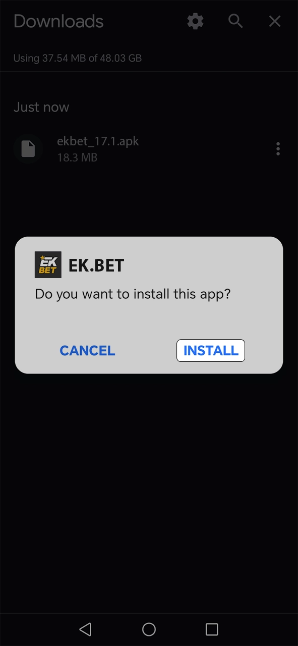 Confirm the installation of the EkBet Android app.