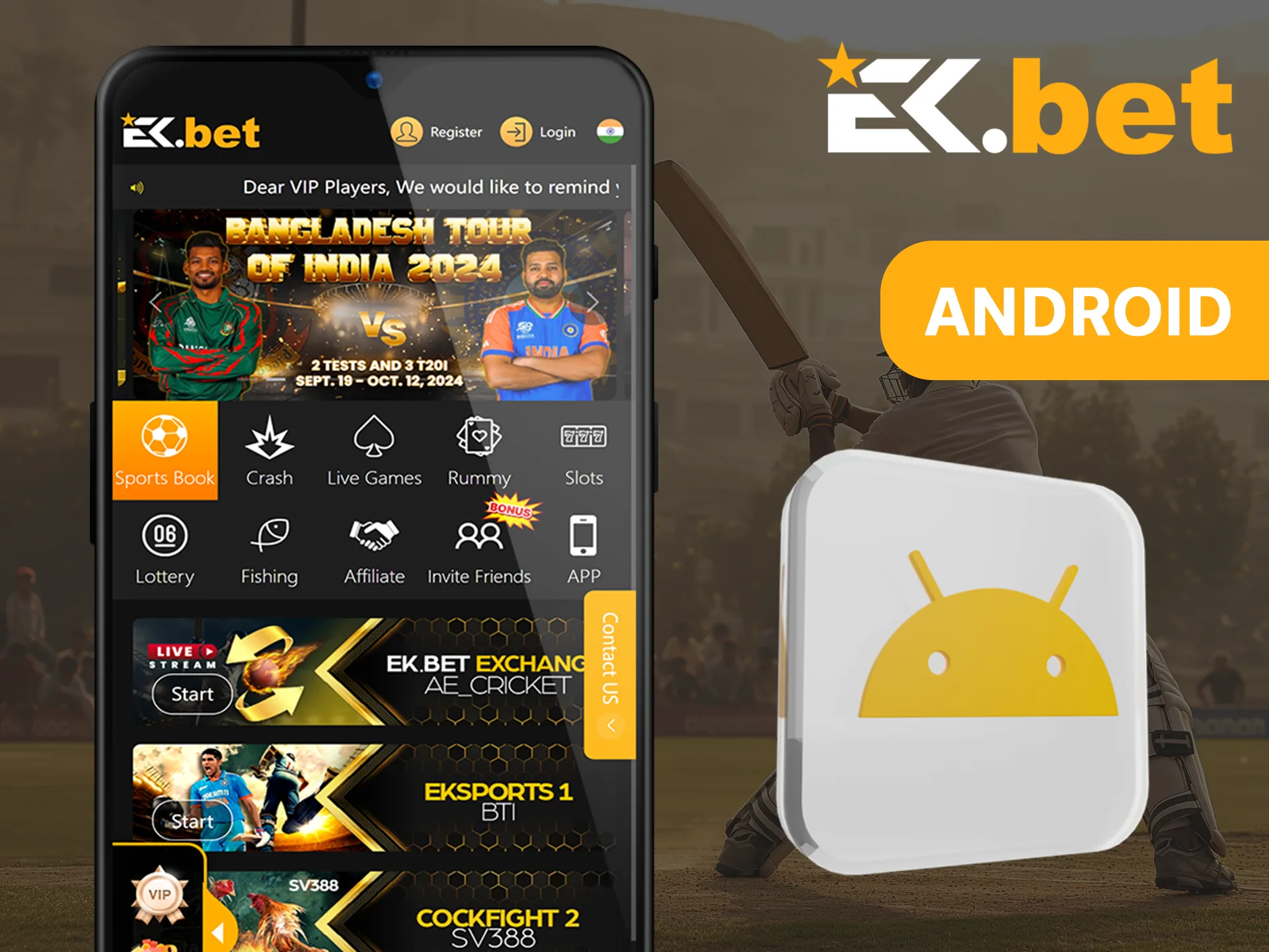 Install the EkBet app for Android to bet anytime.