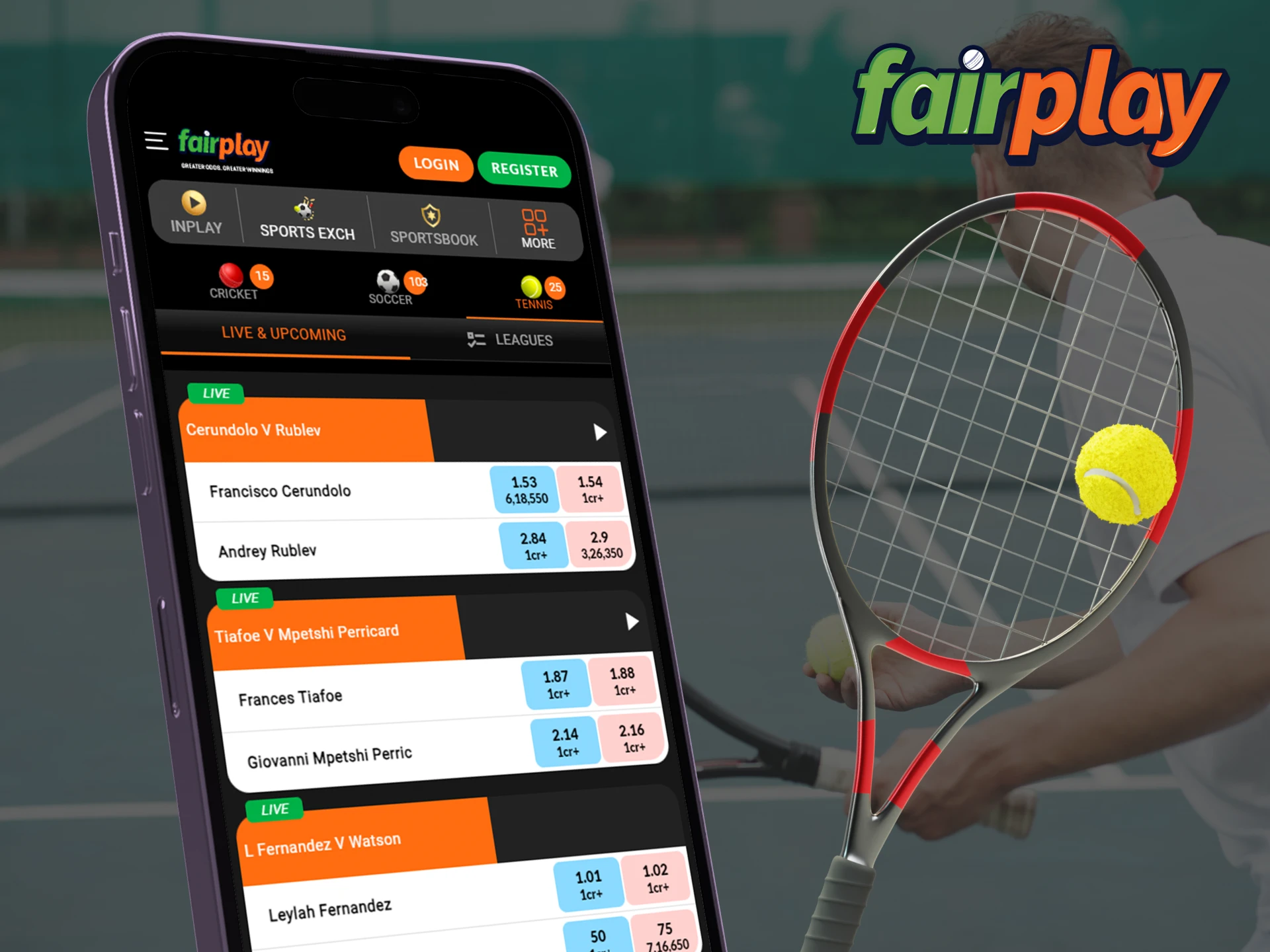 The Fairplay app offers a variety of tennis events to bet on.