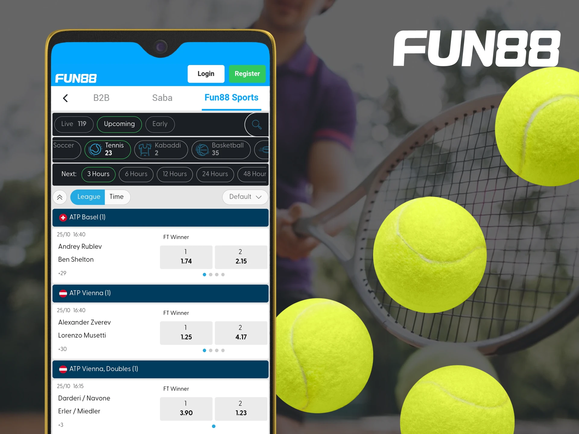 The Fun88 mobile app has a tennis betting section.