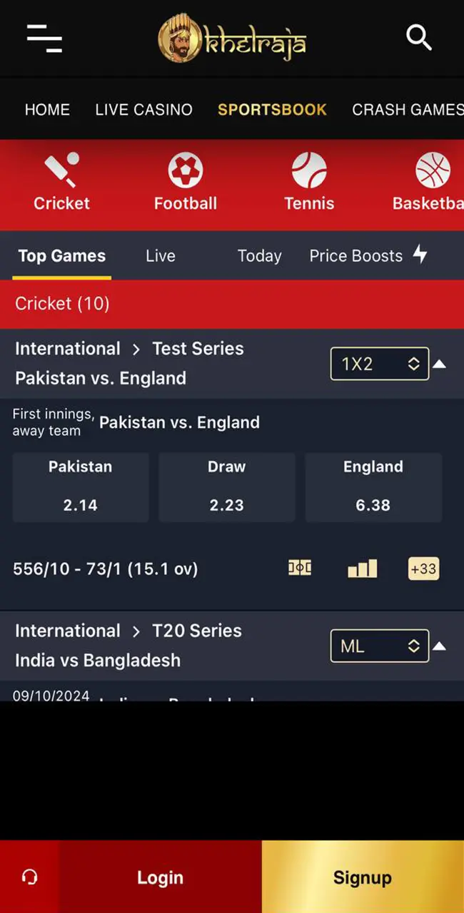 Cricket betting on the Khelraja app.