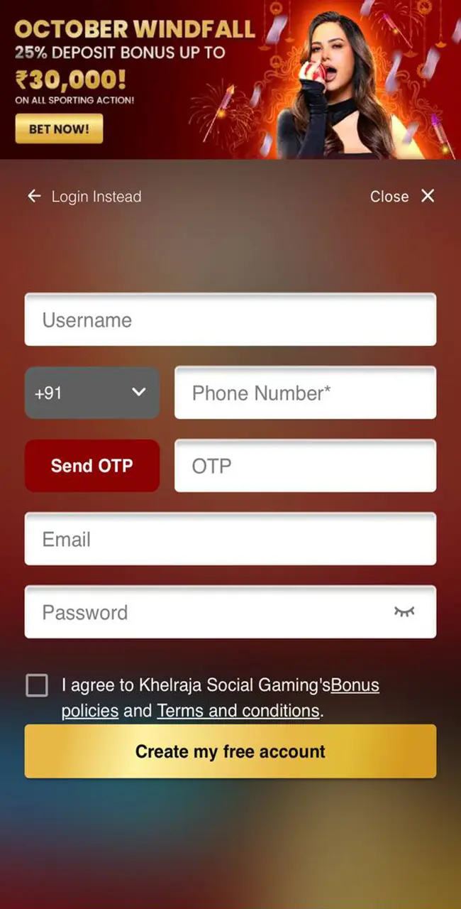 Khelraja app registration form.
