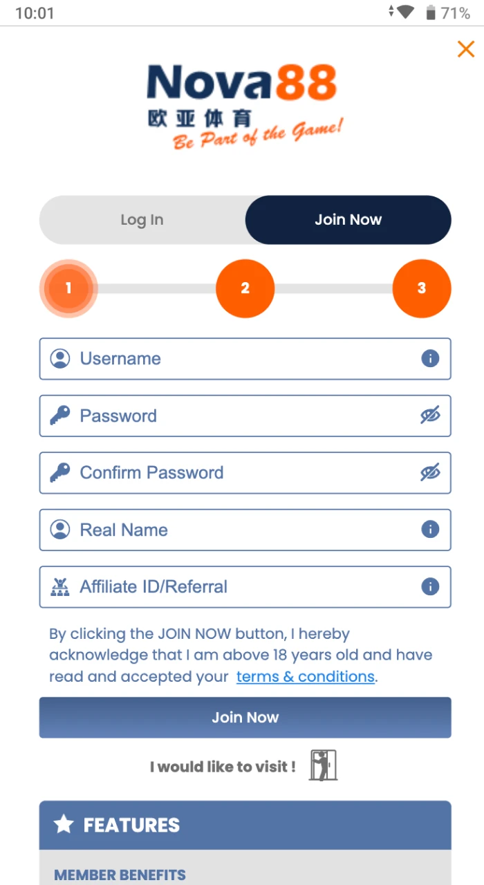 How to create a new account at Nova88 online casino.