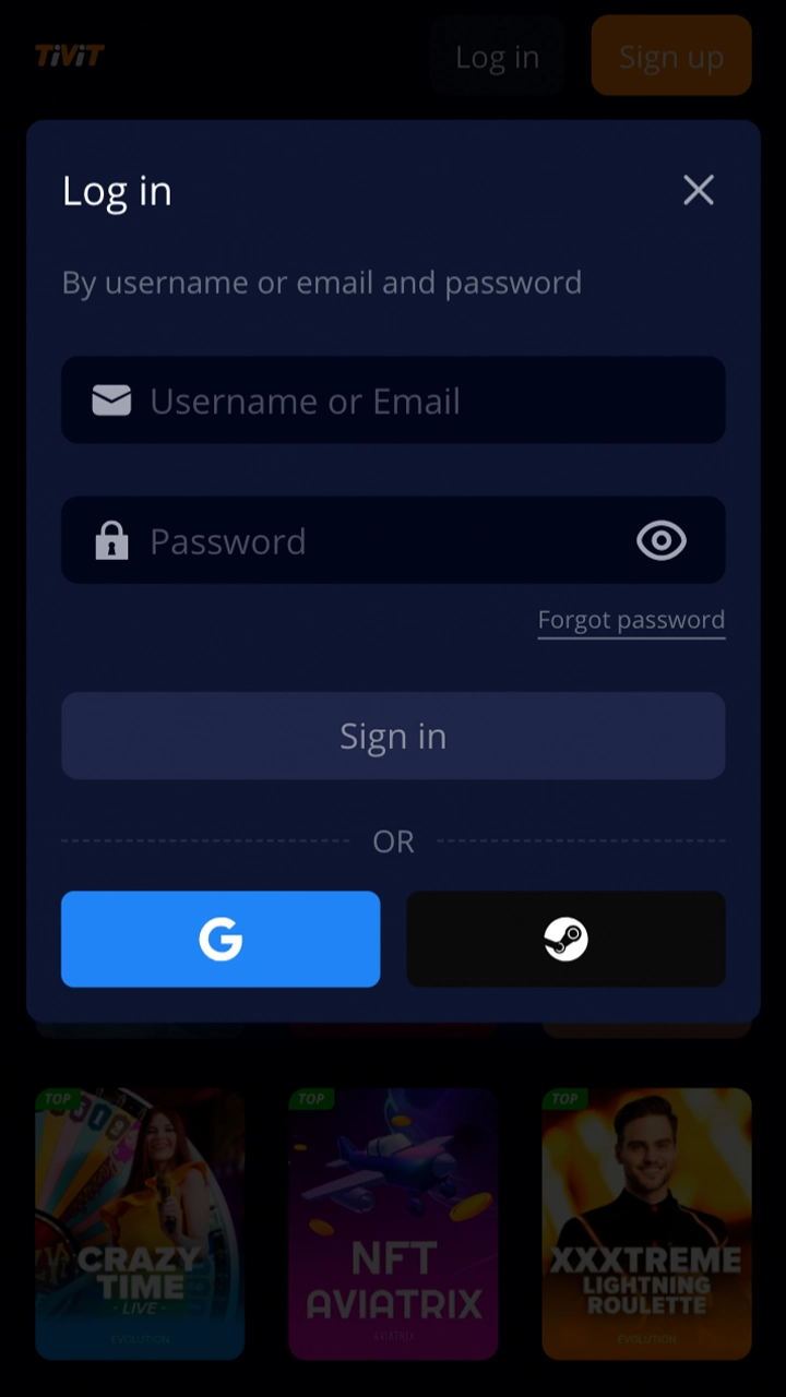 Log in to your Tivitbet account to start playing.
