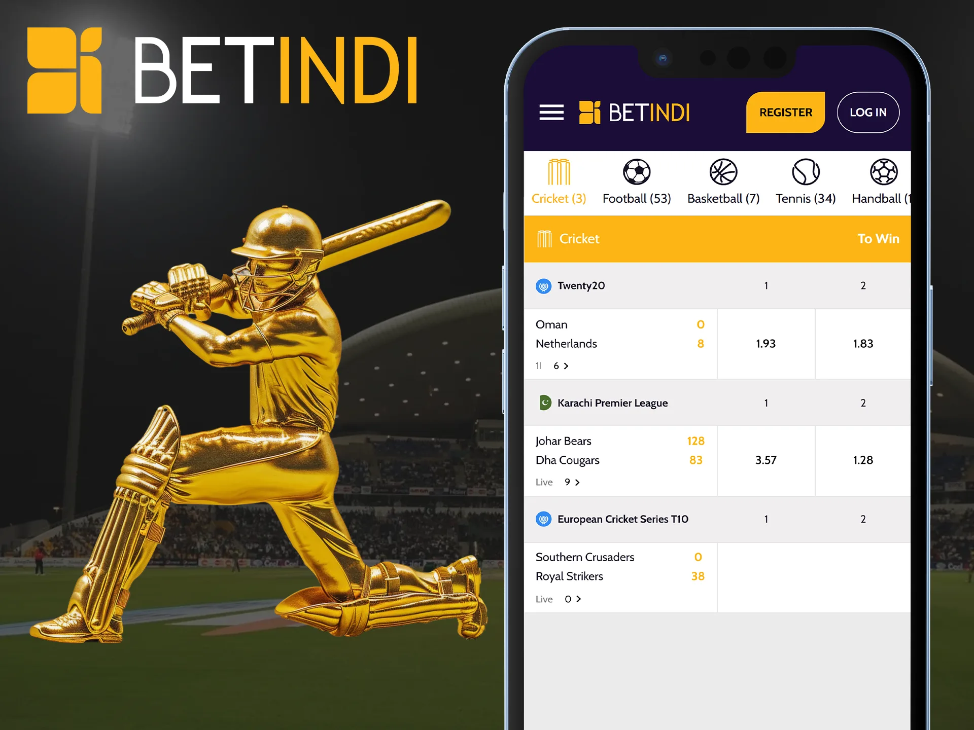 The Betindi app allows you to bet on cricket events.