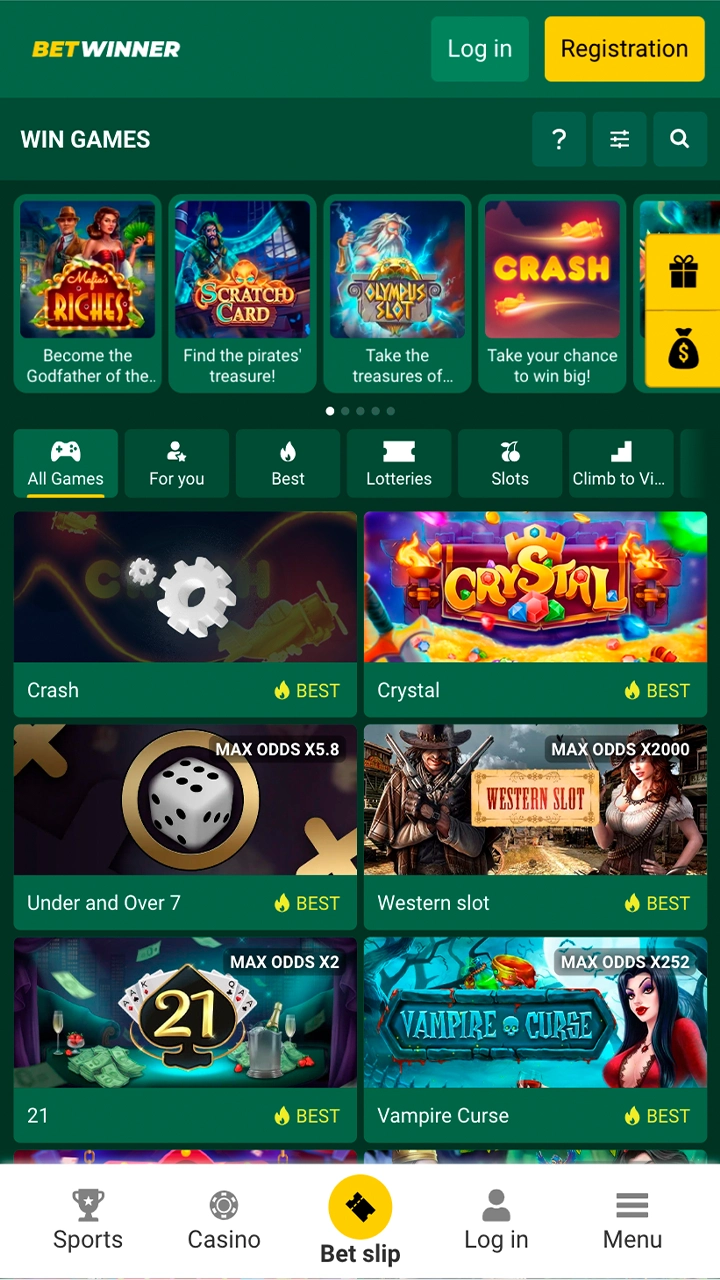 Explore a wide range of casino games on the Betwinner app.