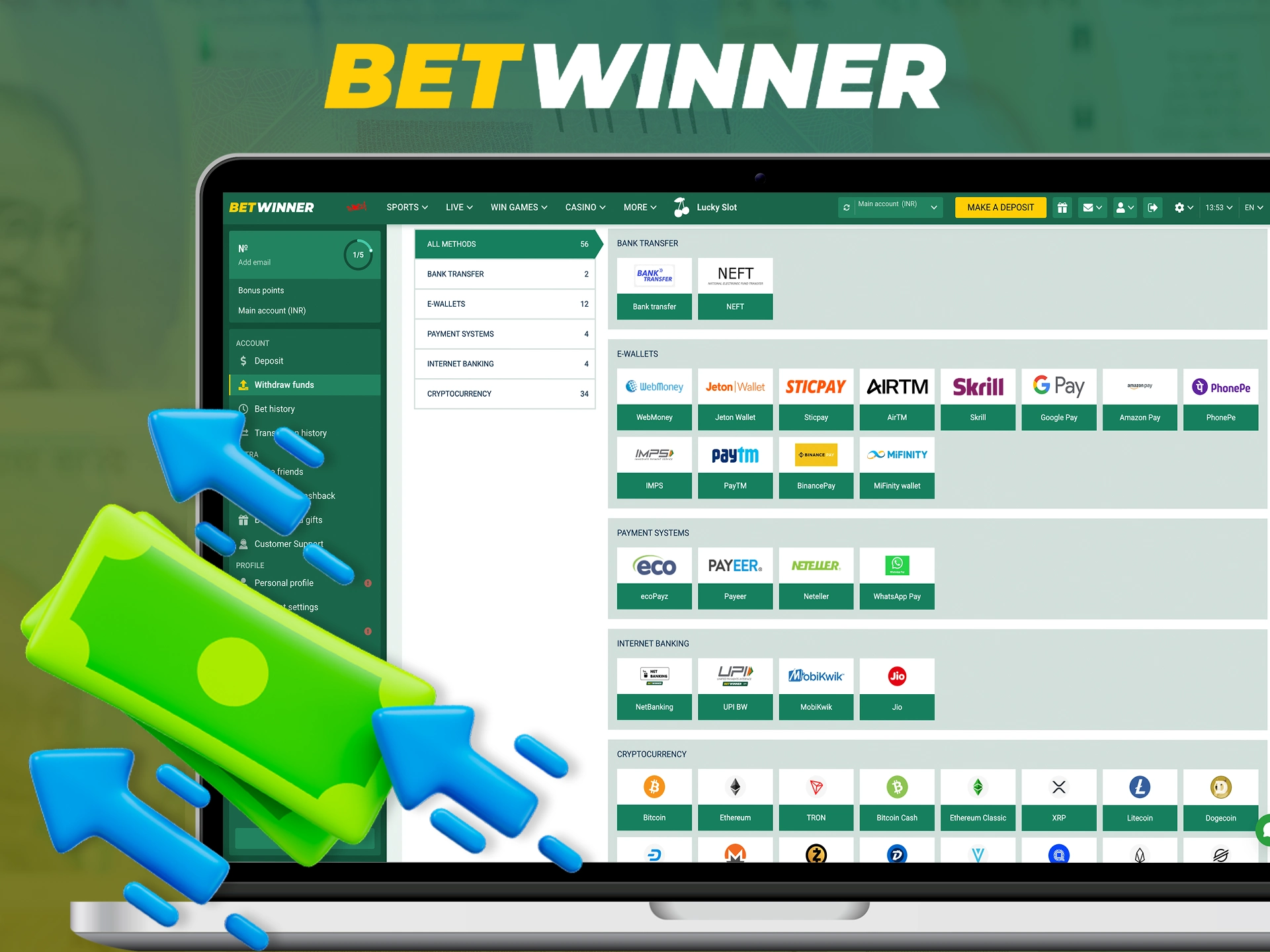 Withdraw your winnings from Betwinner instantly.