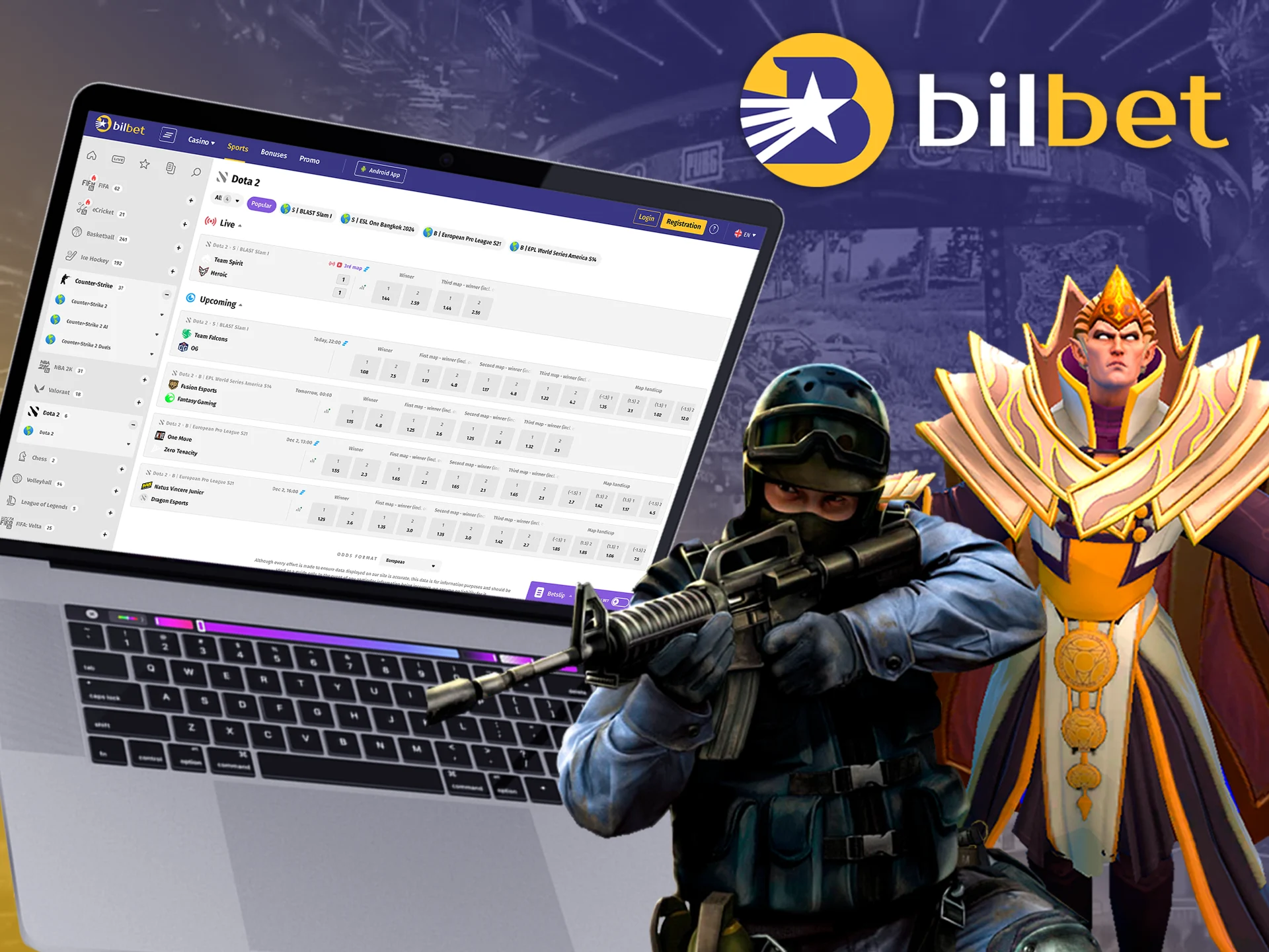 Visit the eSport section and bet on your favorite team or game with Bilbet.