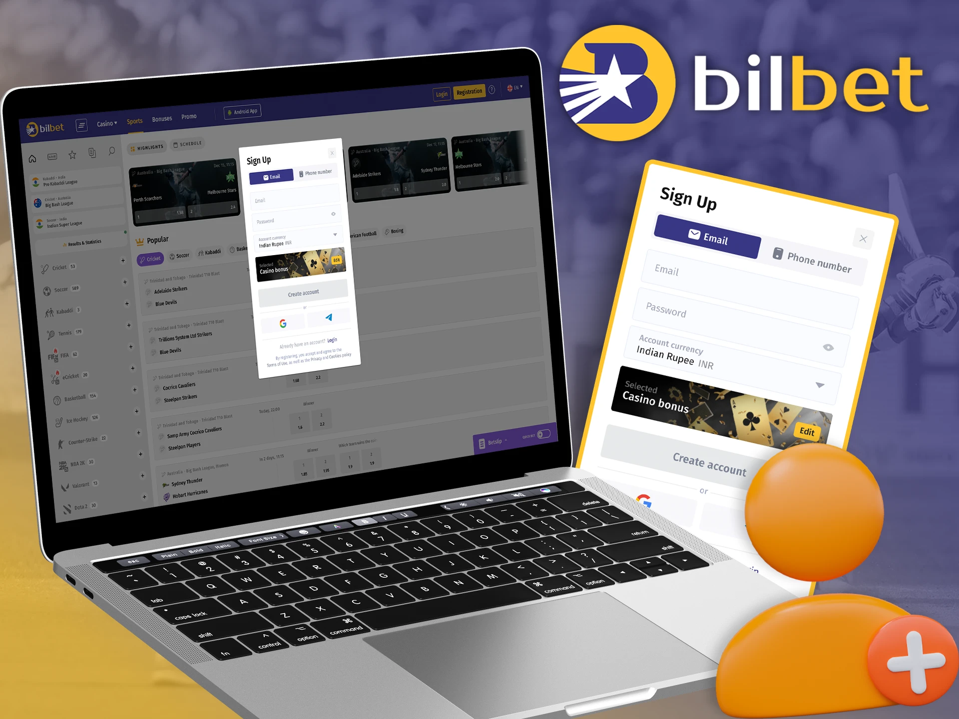 Create a personal account to start betting at Bilbet.