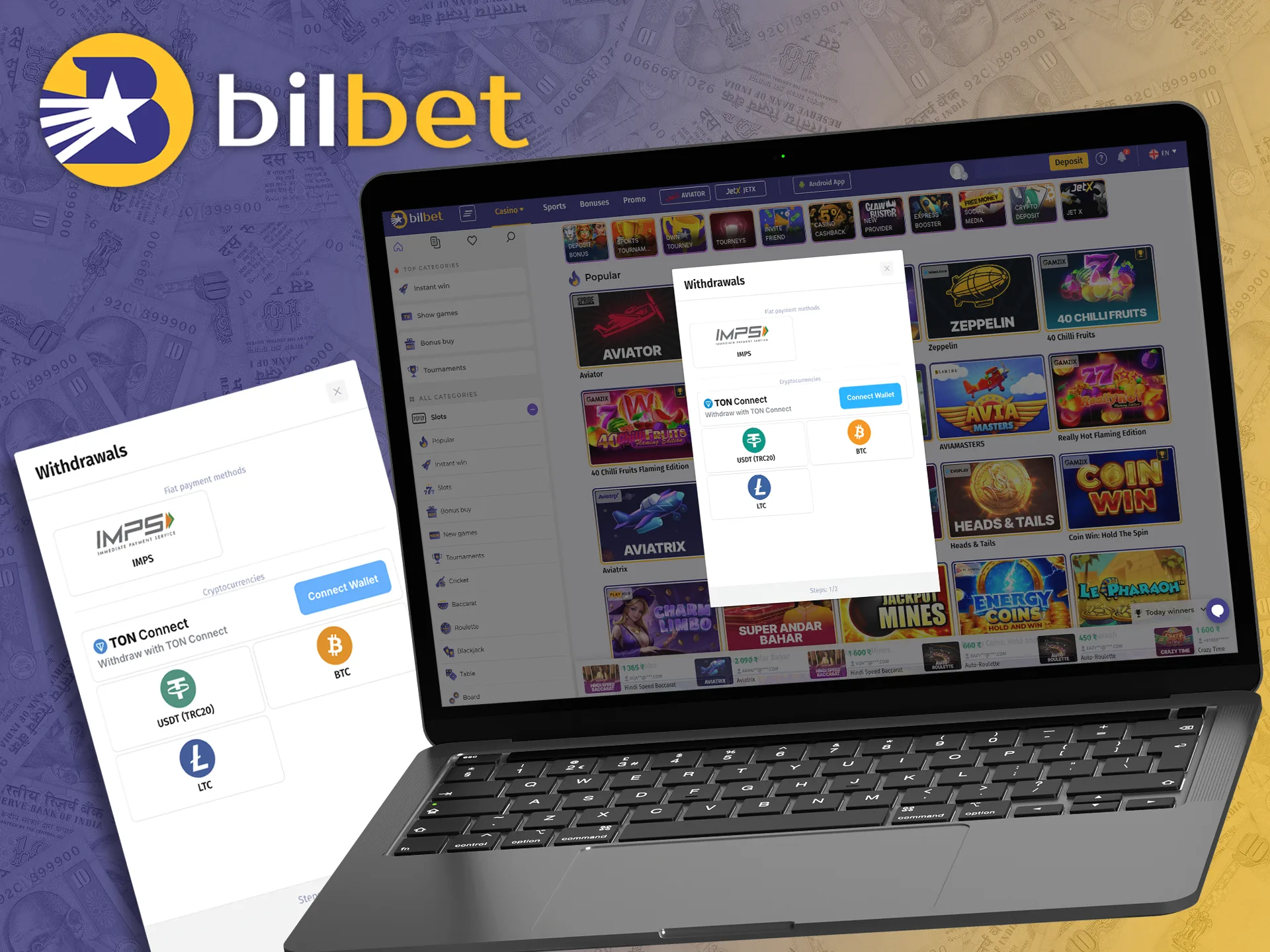 Instantly withdraw winnings from Bilbet by any of the methods presented.