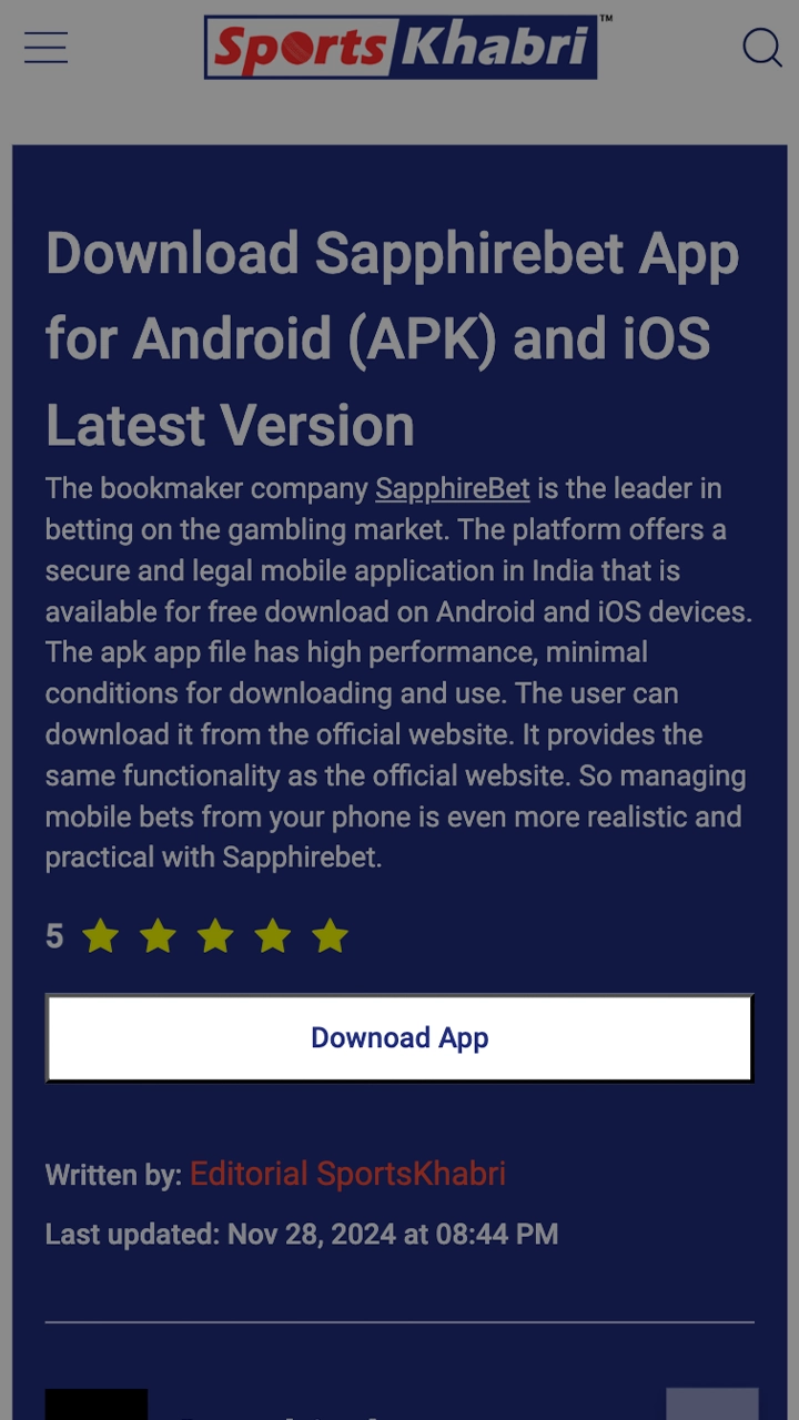 A screenshot of a smartphone displaying the Sapphirebet app download page. The user is instructed to click on the download button to begin the download process.