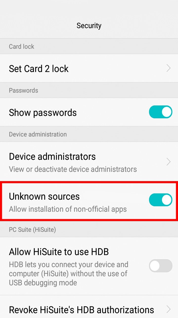 Smartphone screen showing security settings with 'Unknown sources' option enabled