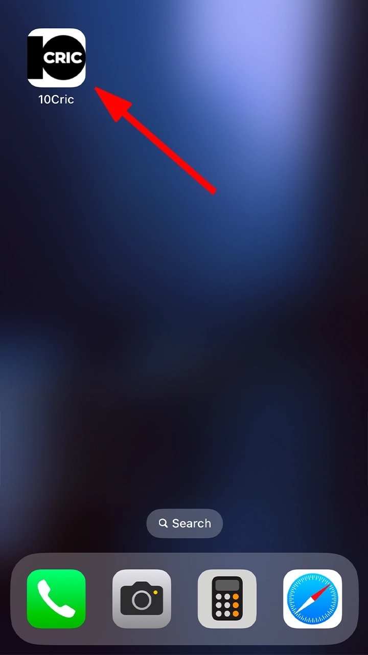 iPhone screen with red arrow pointing to 10Cric app icon for installation completion