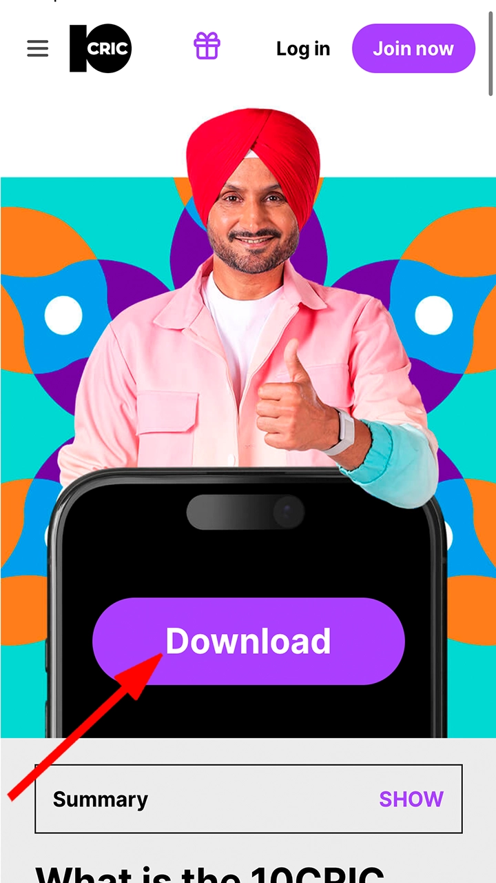 Mobile advertisement for 10CRIC app with download button and colorful background