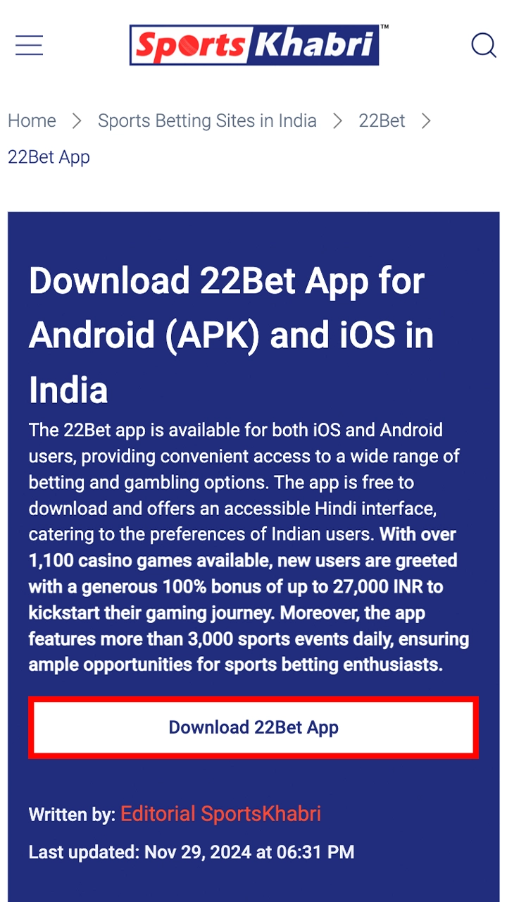 Proceed to download the app by clicking on the “Download 22Bet” button.