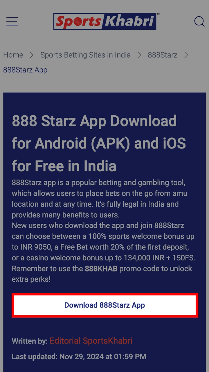 Proceed to download the 888Starz app on this page.