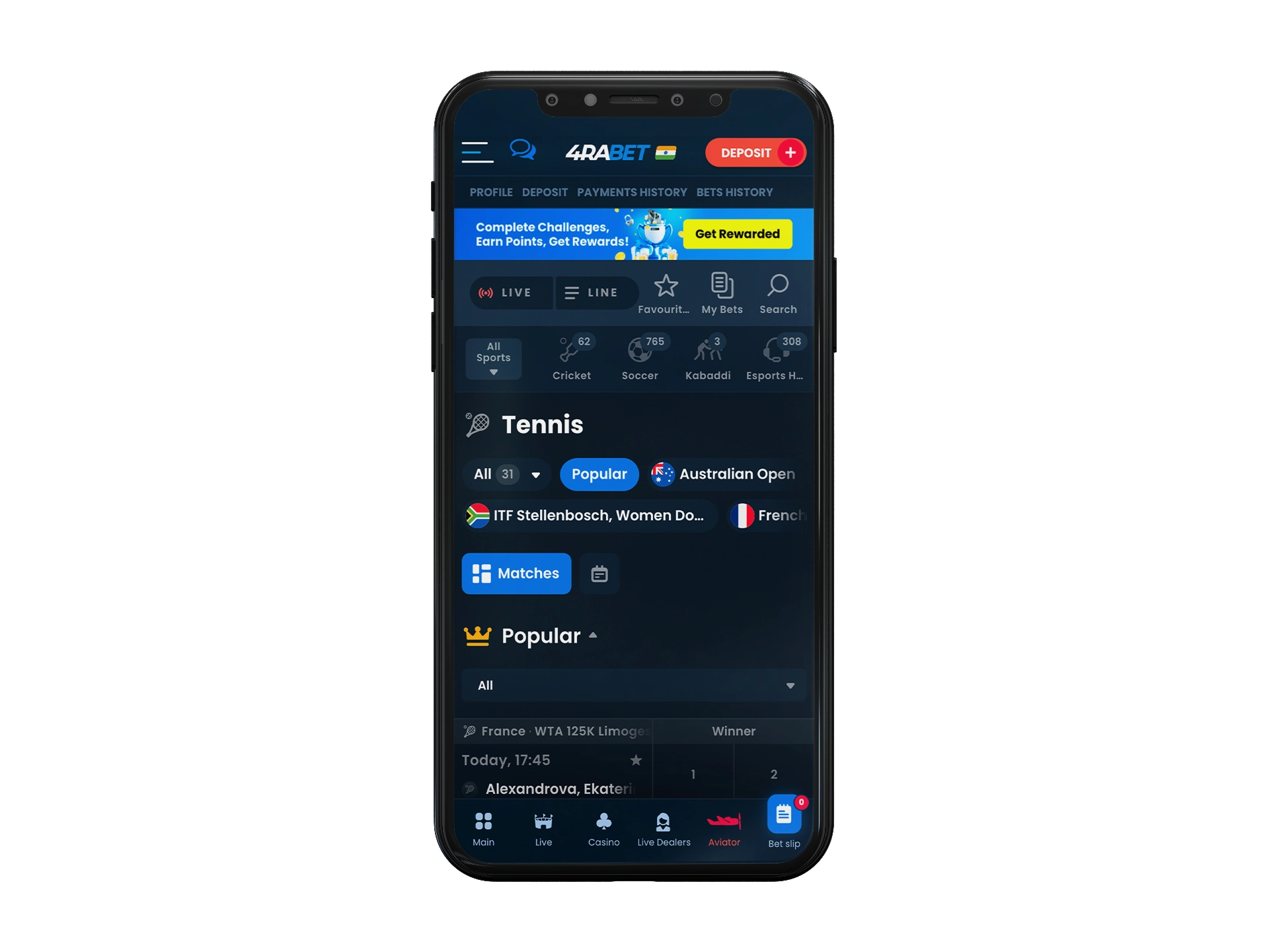 Place your tennis bets with the 4RaBet app.