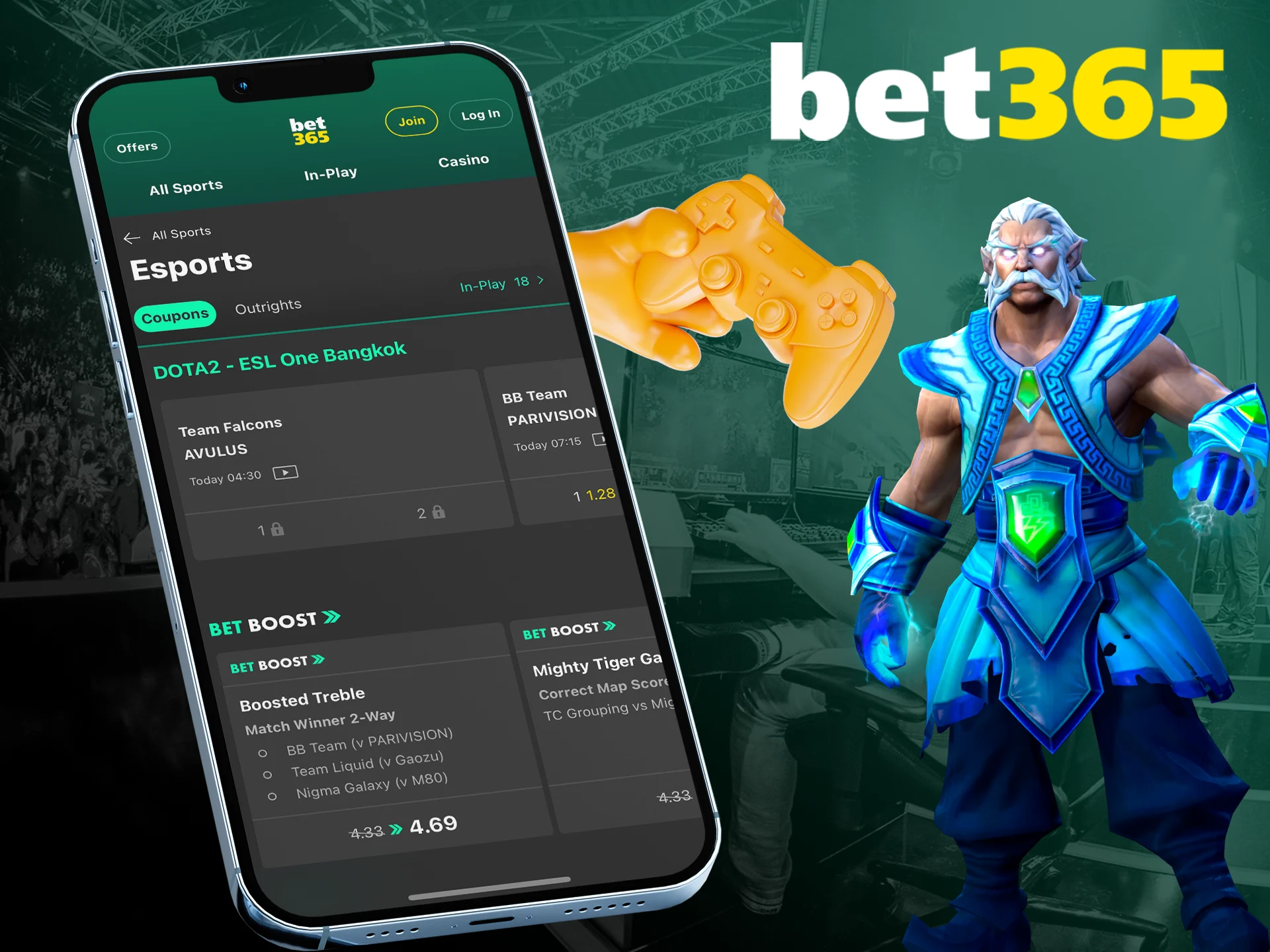 Bet on your favorite teams and games in the eSport section of the bet365 app.