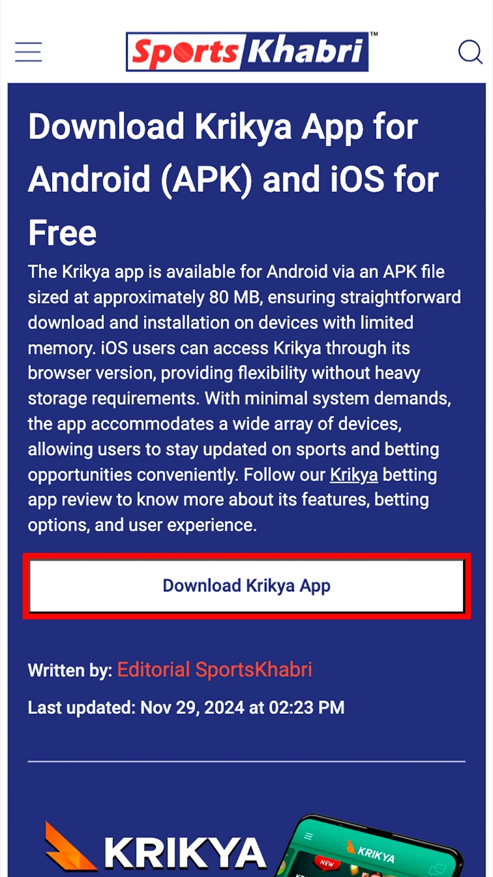 Proceed to download the Krikya app by clicking the button on this page.