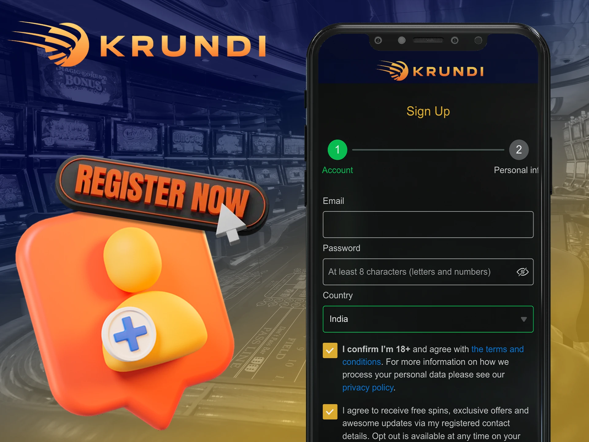 Create a personal account to start betting Krundi.