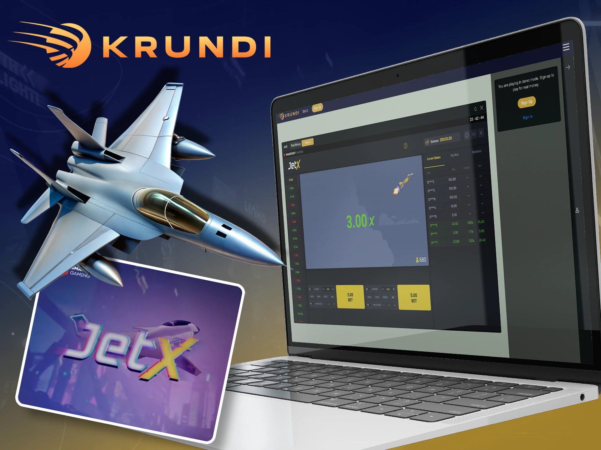 Be sure to grab a bigger multiplier in the Jet X game with Krundi.