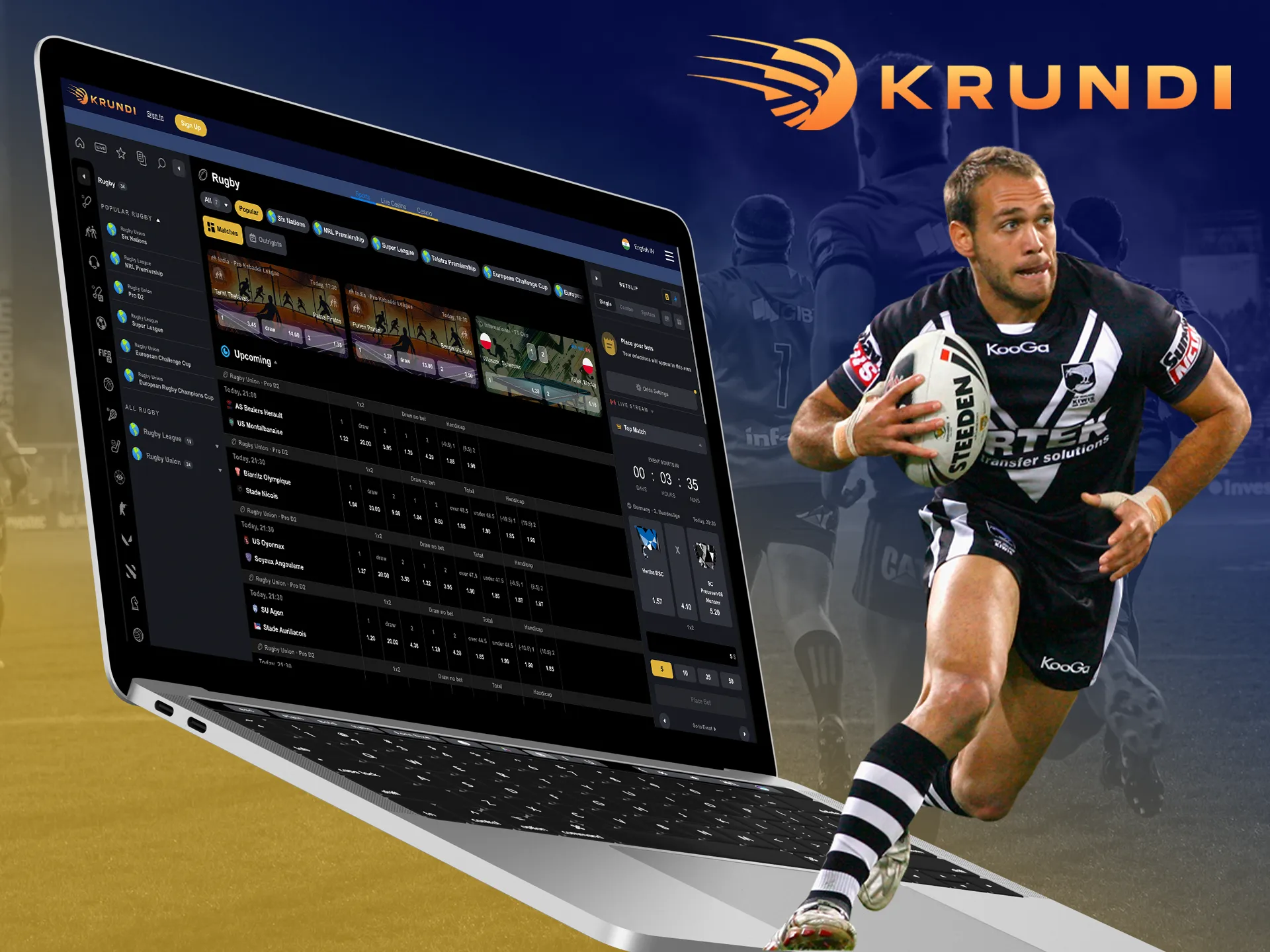 Test your rugby betting predictions and you'll win at Krundi.