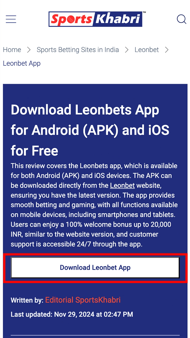 Proceed to download the Leonbet app to your device.