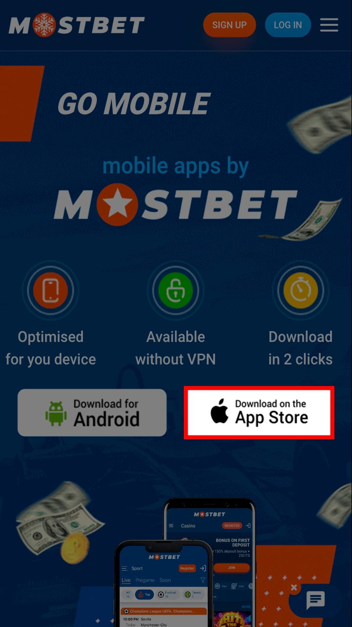 Tap on the iOS app button and download the Mostbet app.