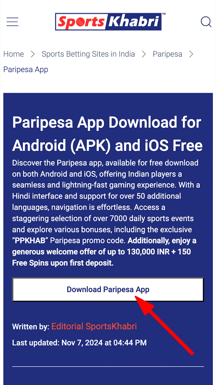 Start downloading Paripesa app for Android by clicking the link on this page.