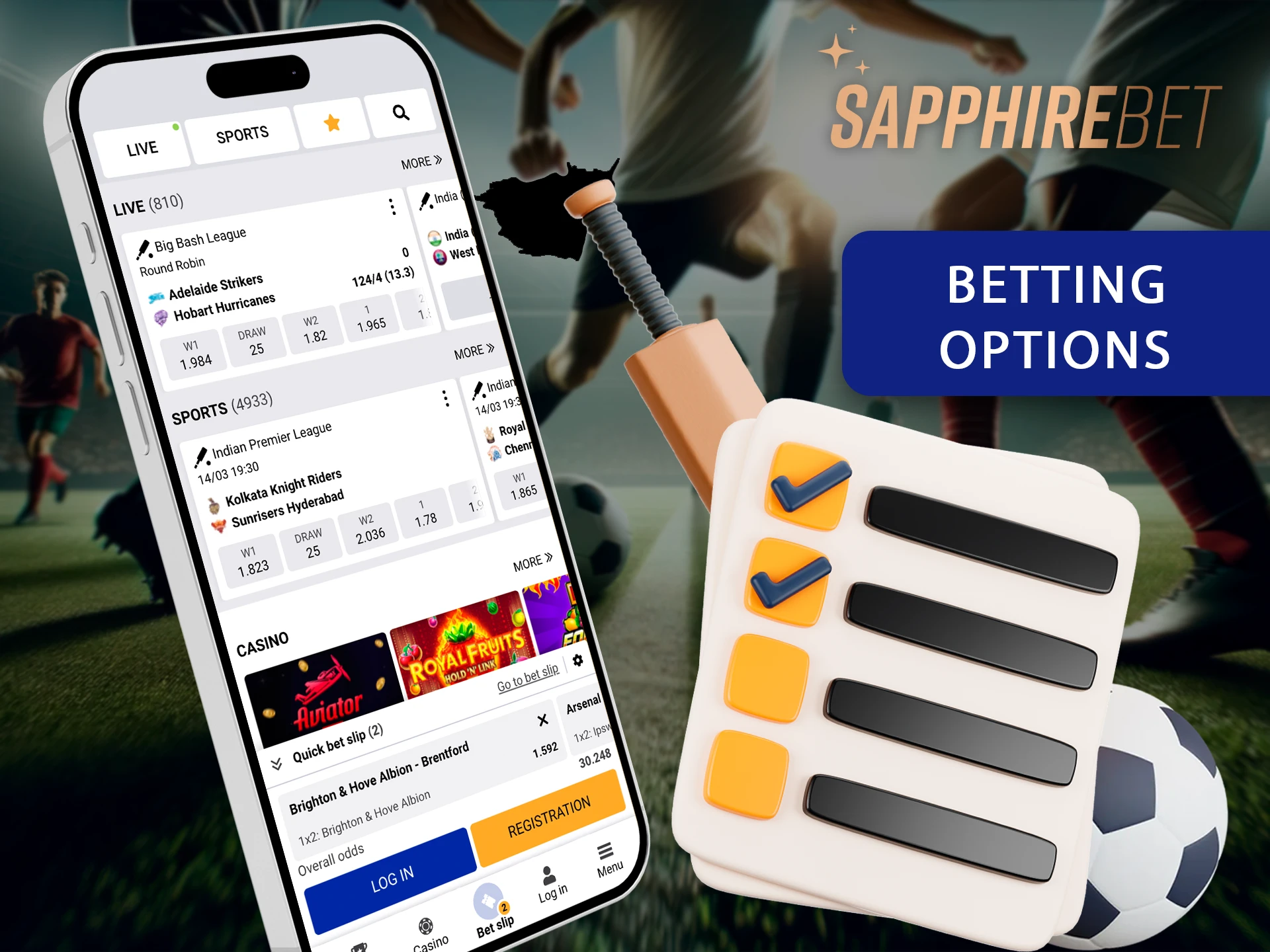 Bet on sports using the options in the Sapphirebet app.