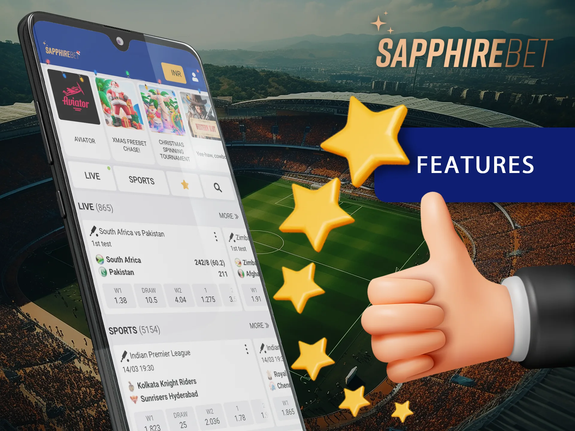 Use all the features of the Sapphirebet app to win.