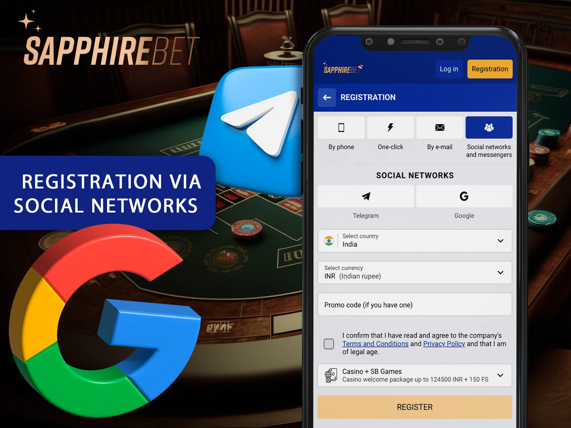 Log in to Sapphirebet using social networks.