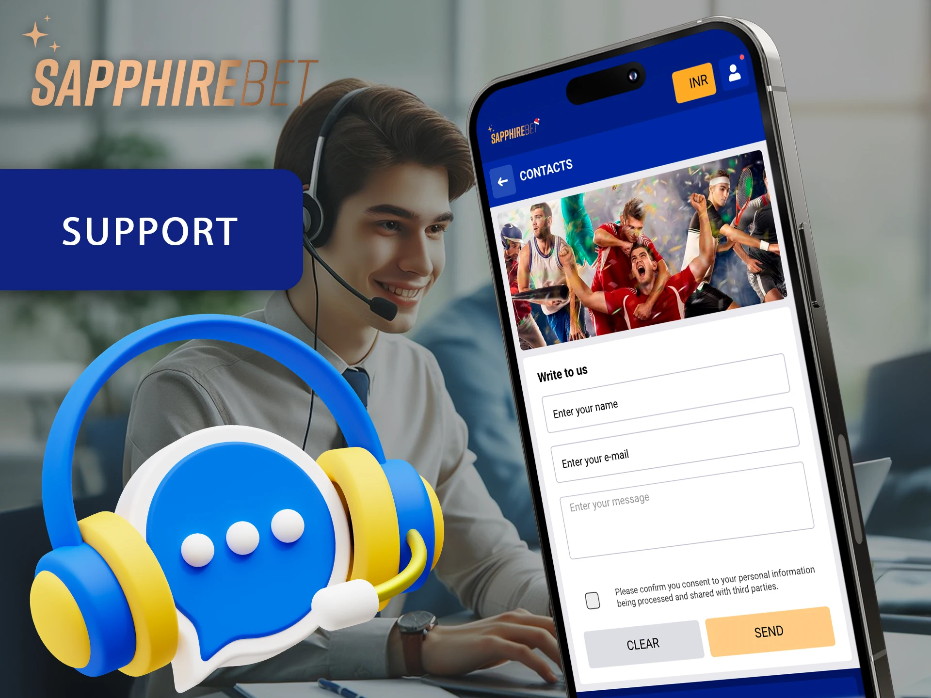 Use mail or online chat to get in touch with the Sapphirebet team.