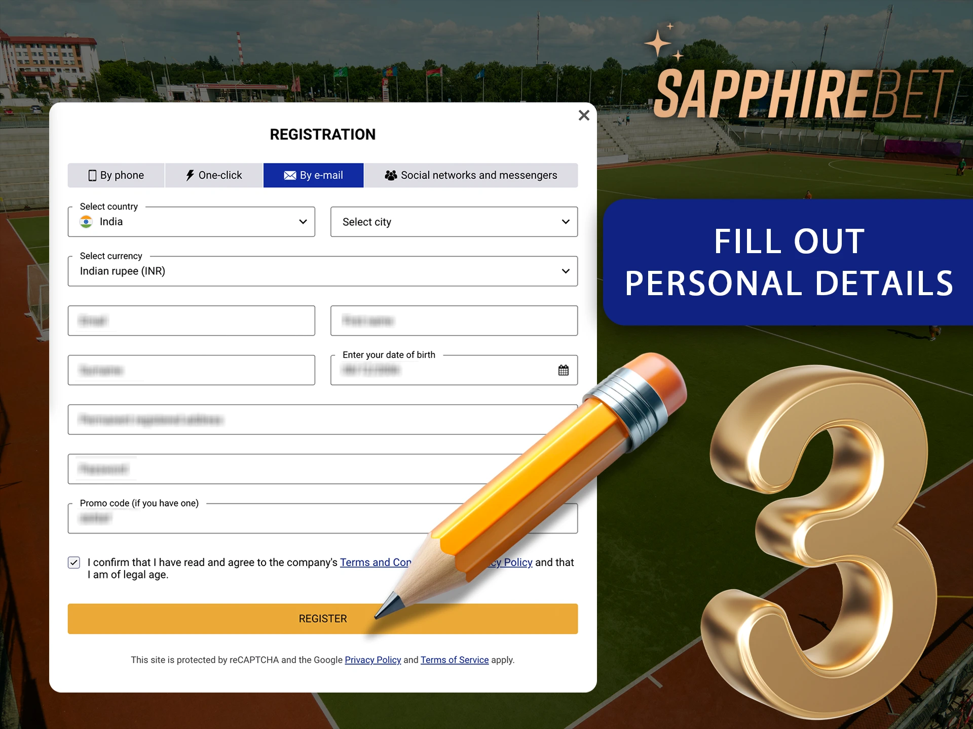 Fill in the required fields to register with Sapphirebet.