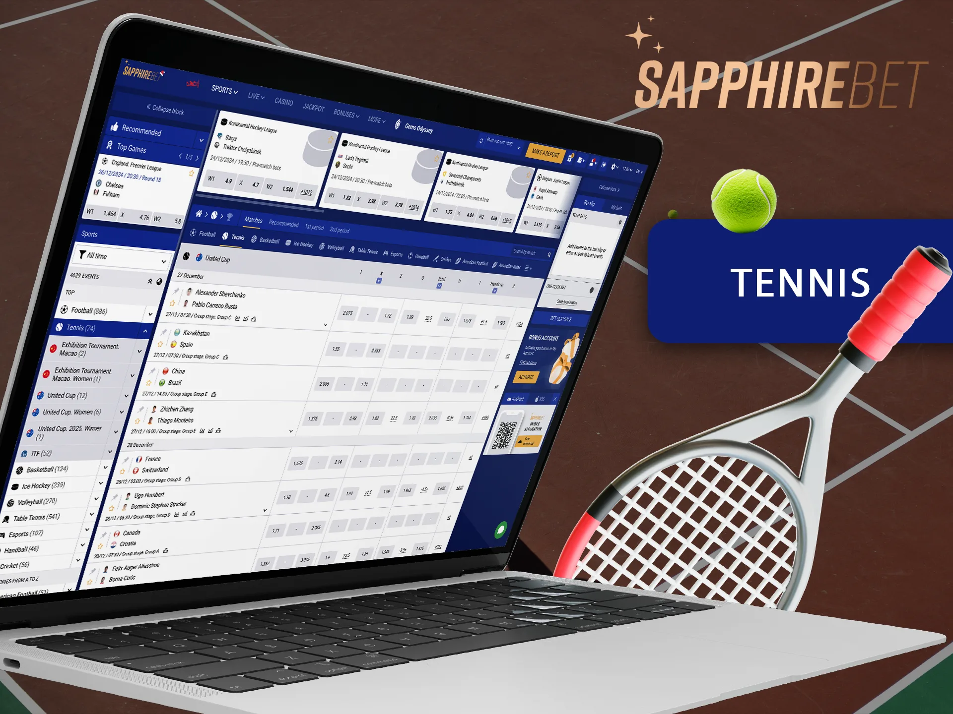 Bet on a tennis player's win or score at Sapphirebet.