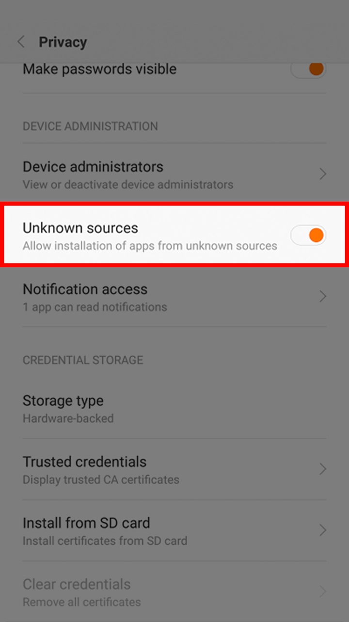 A screenshot of a smartphone displaying the Android settings page. The user is instructed to go to the device's system settings to enable permissions for installing apps from unknown sources.