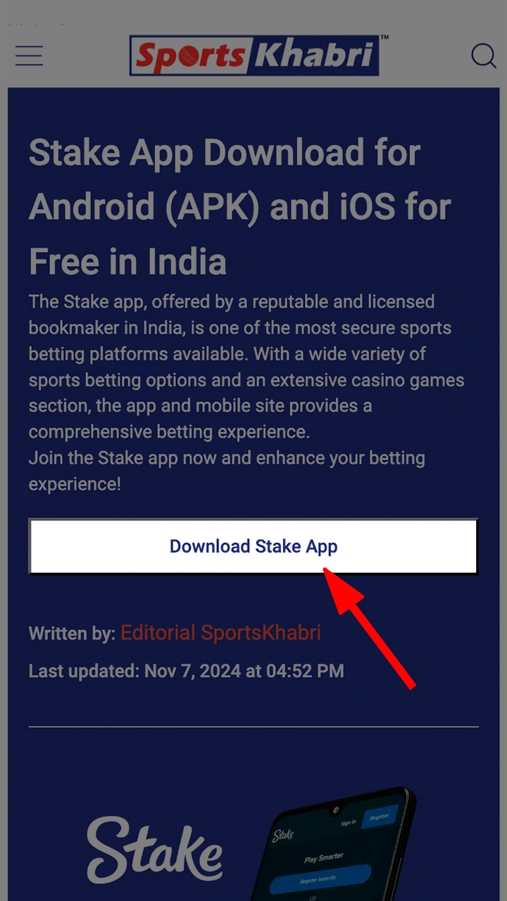 A screenshot of an iPhone displaying the Stake app download page. The user is instructed to click on the download button to begin the download process.