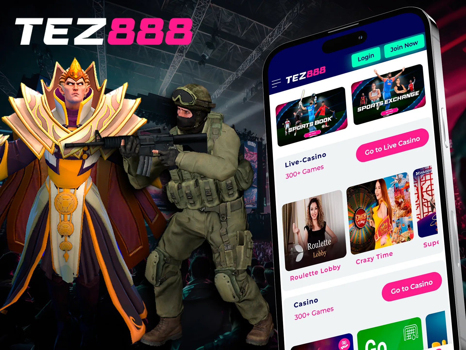 Select teams and games in the eSport section of the Tez888 app.