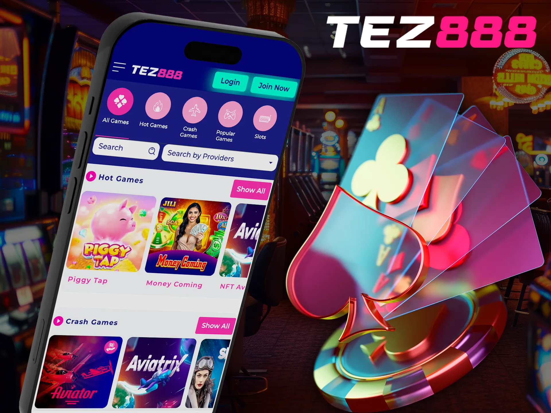 Try your luck in the casino section of the Tez888 app.