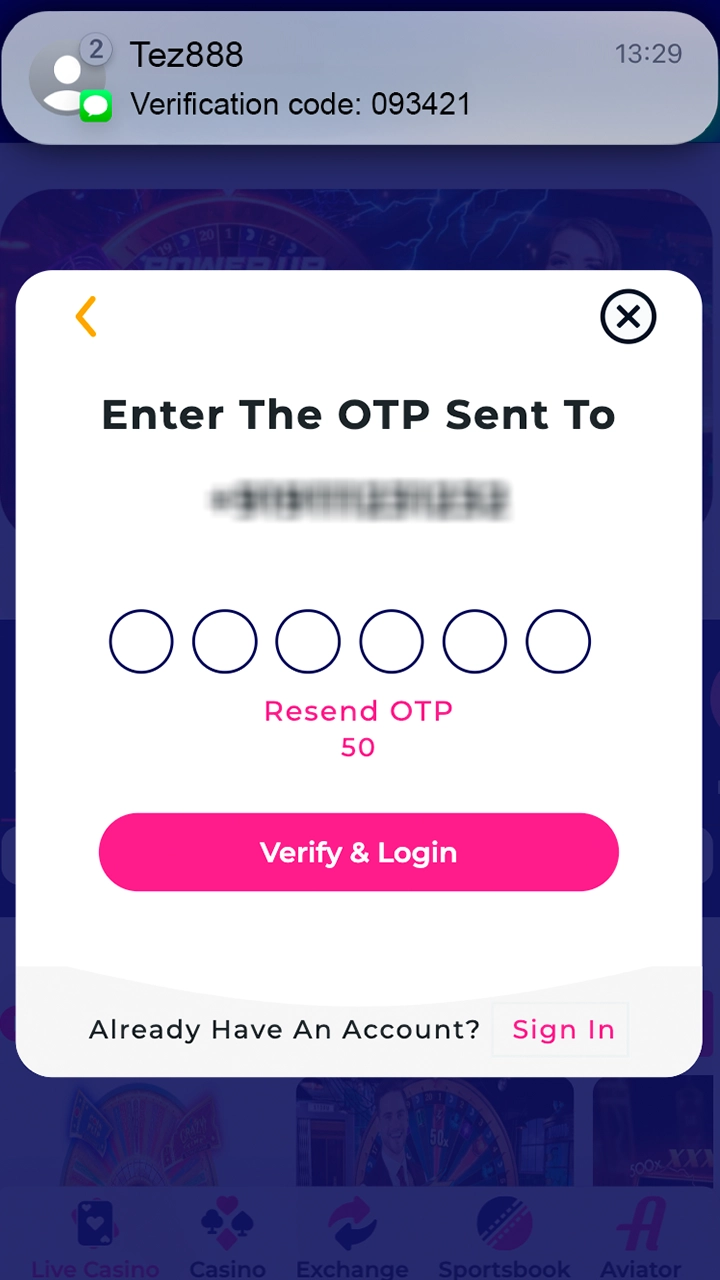 Enter the verification code that will be texted to you by Tez888.